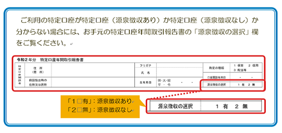 ご利用の特定口座の源泉徴収の有無は、お手元の特定口座年間取引報告書の源泉徴収の選択欄をご覧ください