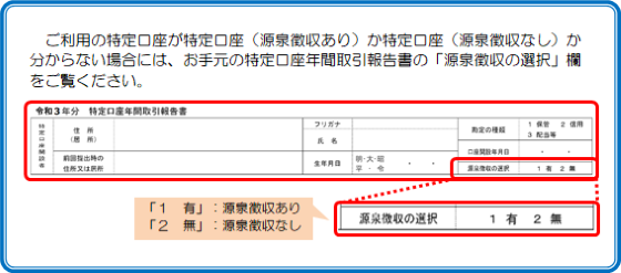 ご利用の特定口座の源泉徴収の有無は、お手元の特定口座年間取引報告書の源泉徴収の選択欄をご覧ください