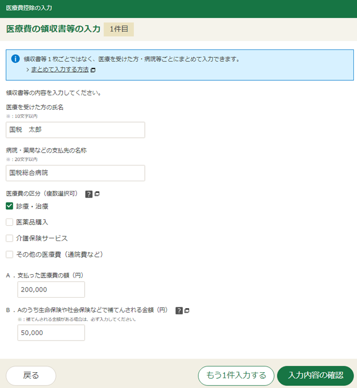 医療費の領収書の入力の画像