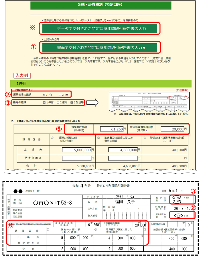確定申告書等作成コーナー】-「金融・証券税制（特定口座）」画面の入力例