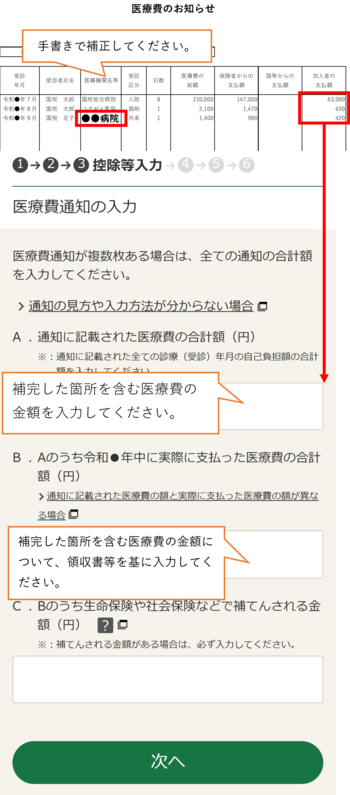 医療費通知に記載された医療費の入力画像