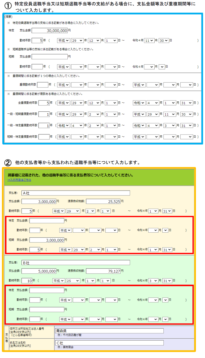 退職所得の入力例画像