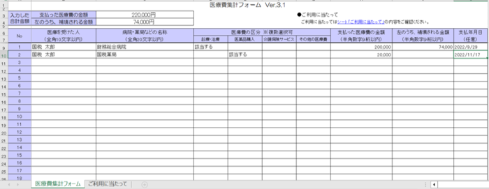 医療費集計フォームの画像