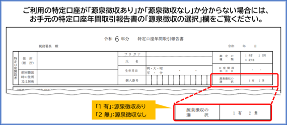 ご利用の特定口座の源泉徴収の有無は、お手元の特定口座年間取引報告書の源泉徴収の選択欄をご覧ください
