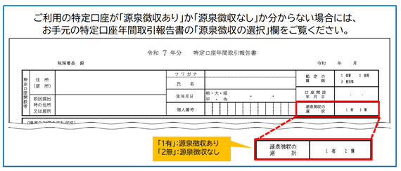 ご利用の特定口座の源泉徴収の有無は、お手元の特定口座年間取引報告書の源泉徴収の選択欄をご覧ください