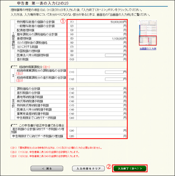 「申告書第一表の入力（２の２）」画面の画像