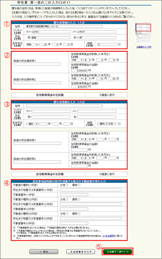 「申告書第一表の二の入力（２の１）」画面の画像