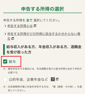 申告する所得の選択画面