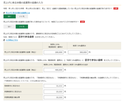 売上げに係る対価の返還等の金額の入力画像