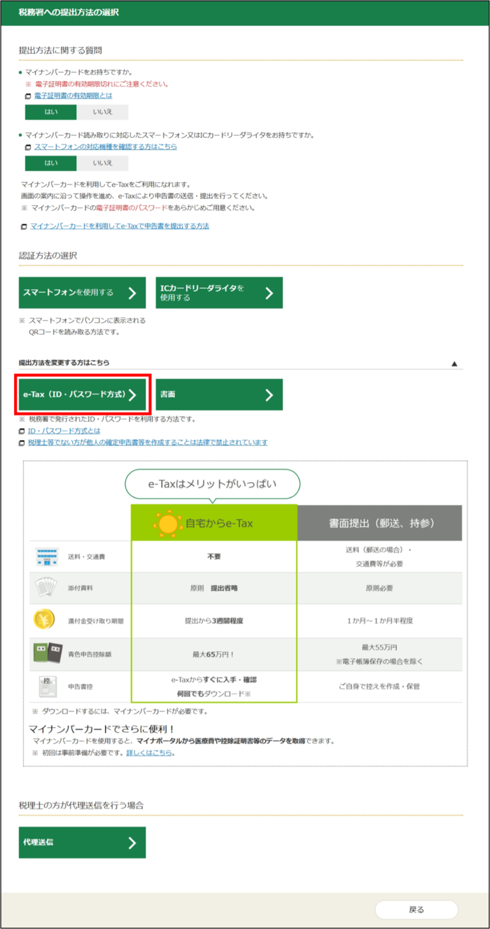 「税務署への提出方法の選択」画面の画像
